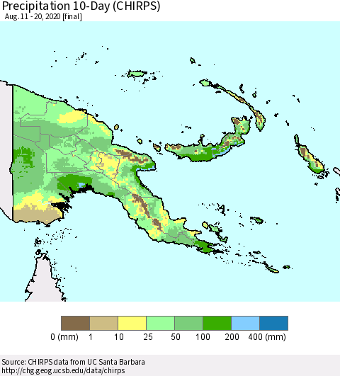 Papua New Guinea Precipitation 10-Day (CHIRPS) Thematic Map For 8/11/2020 - 8/20/2020