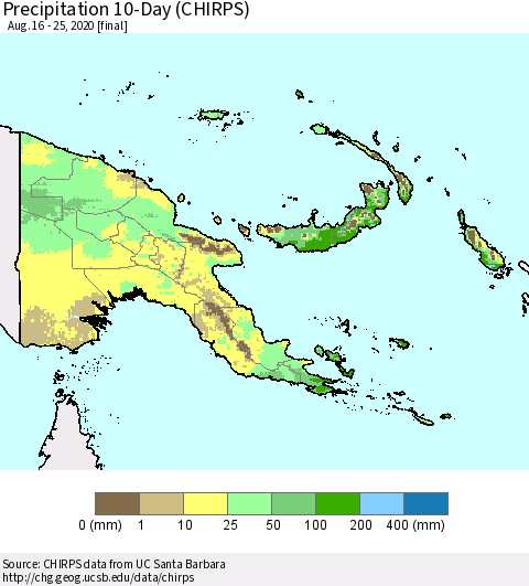 Papua New Guinea Precipitation 10-Day (CHIRPS) Thematic Map For 8/16/2020 - 8/25/2020