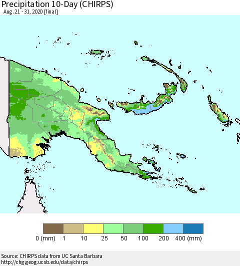 Papua New Guinea Precipitation 10-Day (CHIRPS) Thematic Map For 8/21/2020 - 8/31/2020