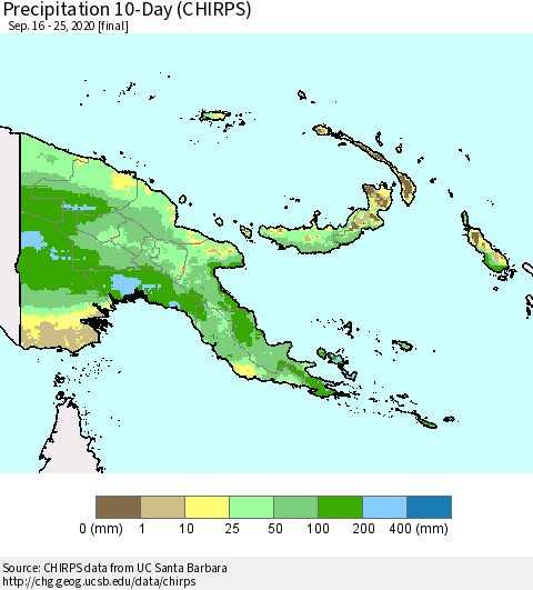 Papua New Guinea Precipitation 10-Day (CHIRPS) Thematic Map For 9/16/2020 - 9/25/2020