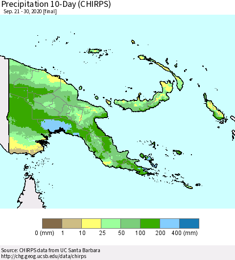 Papua New Guinea Precipitation 10-Day (CHIRPS) Thematic Map For 9/21/2020 - 9/30/2020