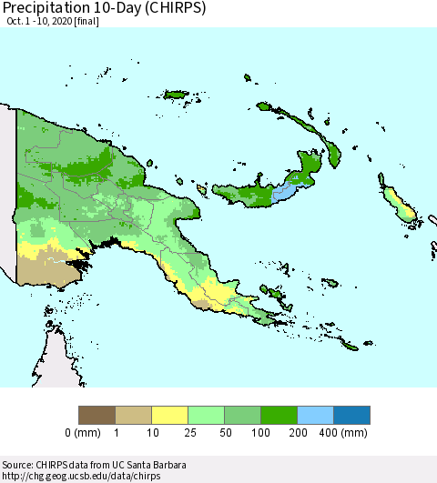 Papua New Guinea Precipitation 10-Day (CHIRPS) Thematic Map For 10/1/2020 - 10/10/2020