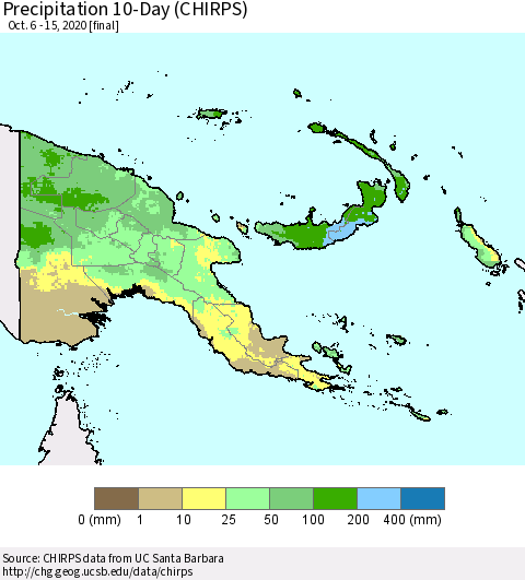 Papua New Guinea Precipitation 10-Day (CHIRPS) Thematic Map For 10/6/2020 - 10/15/2020