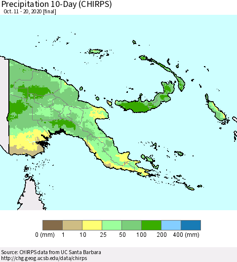 Papua New Guinea Precipitation 10-Day (CHIRPS) Thematic Map For 10/11/2020 - 10/20/2020