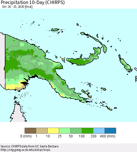 Papua New Guinea Precipitation 10-Day (CHIRPS) Thematic Map For 10/16/2020 - 10/25/2020