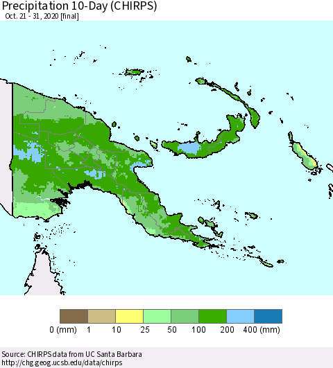 Papua New Guinea Precipitation 10-Day (CHIRPS) Thematic Map For 10/21/2020 - 10/31/2020