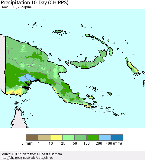 Papua New Guinea Precipitation 10-Day (CHIRPS) Thematic Map For 11/1/2020 - 11/10/2020