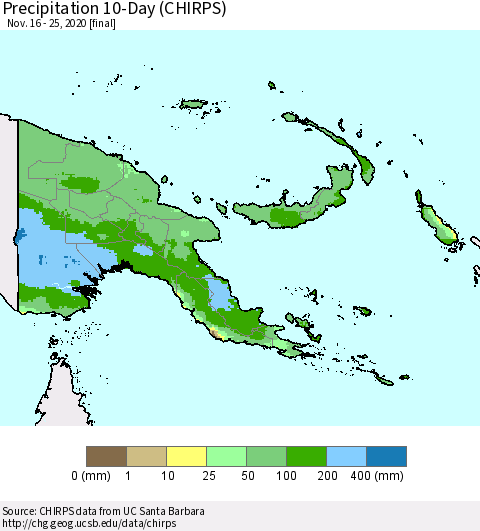 Papua New Guinea Precipitation 10-Day (CHIRPS) Thematic Map For 11/16/2020 - 11/25/2020