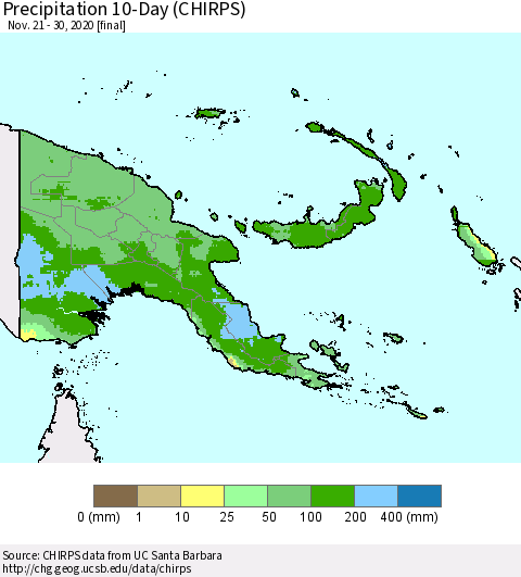 Papua New Guinea Precipitation 10-Day (CHIRPS) Thematic Map For 11/21/2020 - 11/30/2020