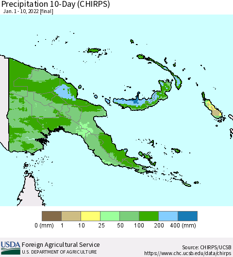 Papua New Guinea Precipitation 10-Day (CHIRPS) Thematic Map For 1/1/2022 - 1/10/2022