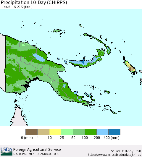 Papua New Guinea Precipitation 10-Day (CHIRPS) Thematic Map For 1/6/2022 - 1/15/2022
