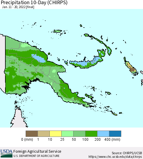 Papua New Guinea Precipitation 10-Day (CHIRPS) Thematic Map For 1/11/2022 - 1/20/2022