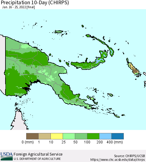 Papua New Guinea Precipitation 10-Day (CHIRPS) Thematic Map For 1/16/2022 - 1/25/2022