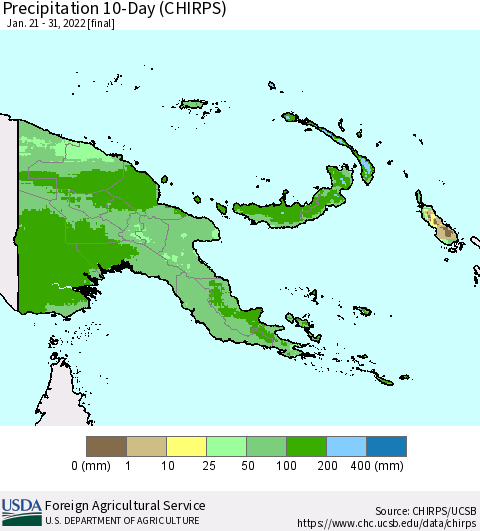 Papua New Guinea Precipitation 10-Day (CHIRPS) Thematic Map For 1/21/2022 - 1/31/2022