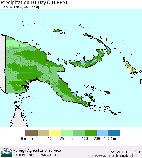 Papua New Guinea Precipitation 10-Day (CHIRPS) Thematic Map For 1/26/2022 - 2/5/2022