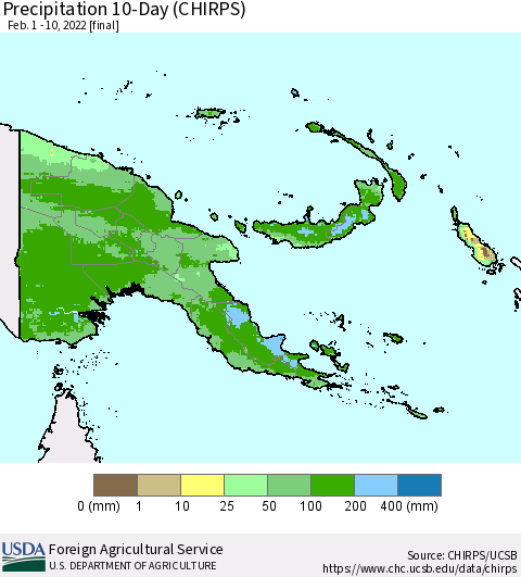 Papua New Guinea Precipitation 10-Day (CHIRPS) Thematic Map For 2/1/2022 - 2/10/2022