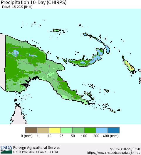 Papua New Guinea Precipitation 10-Day (CHIRPS) Thematic Map For 2/6/2022 - 2/15/2022