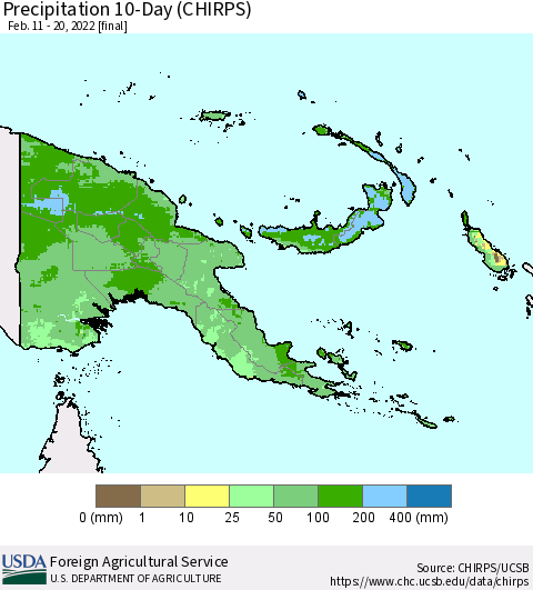 Papua New Guinea Precipitation 10-Day (CHIRPS) Thematic Map For 2/11/2022 - 2/20/2022