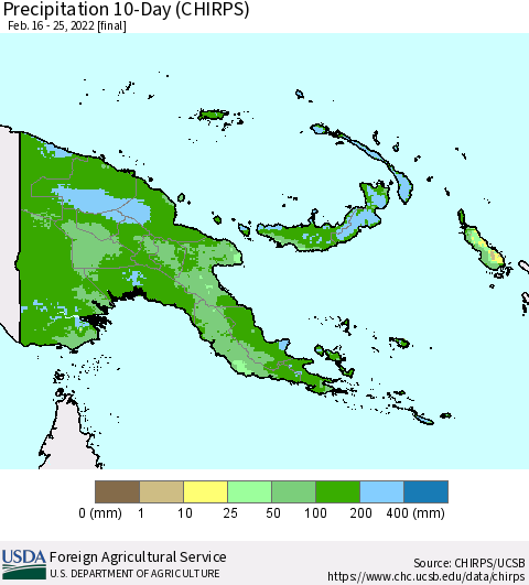 Papua New Guinea Precipitation 10-Day (CHIRPS) Thematic Map For 2/16/2022 - 2/25/2022