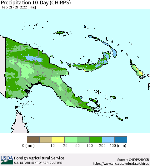 Papua New Guinea Precipitation 10-Day (CHIRPS) Thematic Map For 2/21/2022 - 2/28/2022