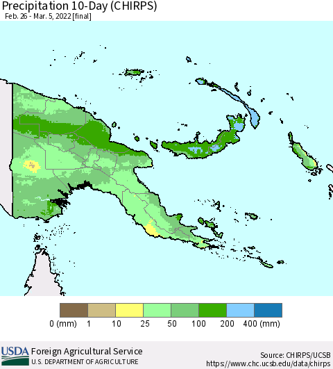 Papua New Guinea Precipitation 10-Day (CHIRPS) Thematic Map For 2/26/2022 - 3/5/2022