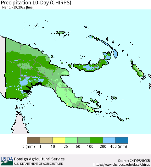 Papua New Guinea Precipitation 10-Day (CHIRPS) Thematic Map For 3/1/2022 - 3/10/2022