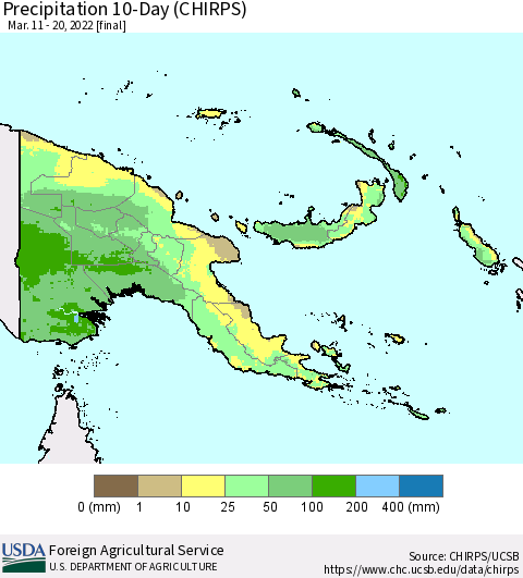 Papua New Guinea Precipitation 10-Day (CHIRPS) Thematic Map For 3/11/2022 - 3/20/2022