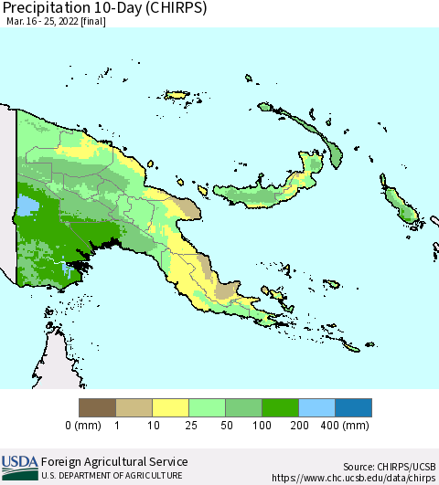 Papua New Guinea Precipitation 10-Day (CHIRPS) Thematic Map For 3/16/2022 - 3/25/2022