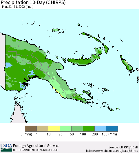 Papua New Guinea Precipitation 10-Day (CHIRPS) Thematic Map For 3/21/2022 - 3/31/2022