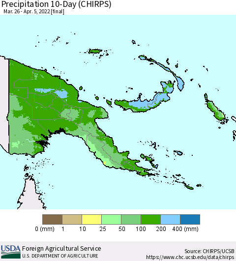 Papua New Guinea Precipitation 10-Day (CHIRPS) Thematic Map For 3/26/2022 - 4/5/2022