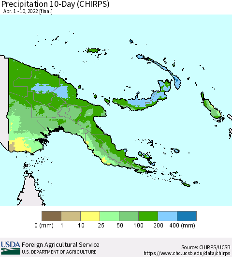 Papua New Guinea Precipitation 10-Day (CHIRPS) Thematic Map For 4/1/2022 - 4/10/2022