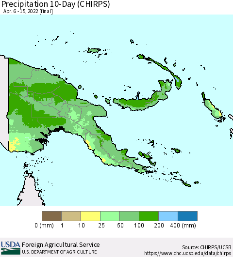 Papua New Guinea Precipitation 10-Day (CHIRPS) Thematic Map For 4/6/2022 - 4/15/2022