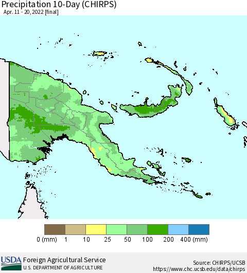 Papua New Guinea Precipitation 10-Day (CHIRPS) Thematic Map For 4/11/2022 - 4/20/2022