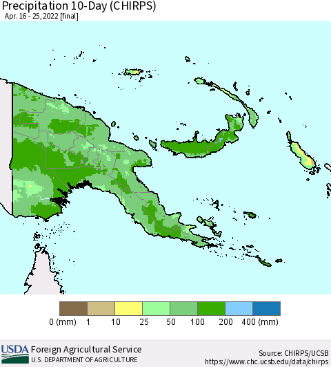 Papua New Guinea Precipitation 10-Day (CHIRPS) Thematic Map For 4/16/2022 - 4/25/2022