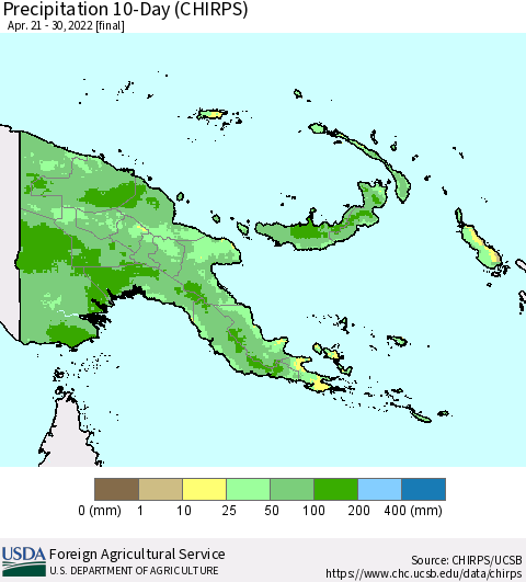 Papua New Guinea Precipitation 10-Day (CHIRPS) Thematic Map For 4/21/2022 - 4/30/2022