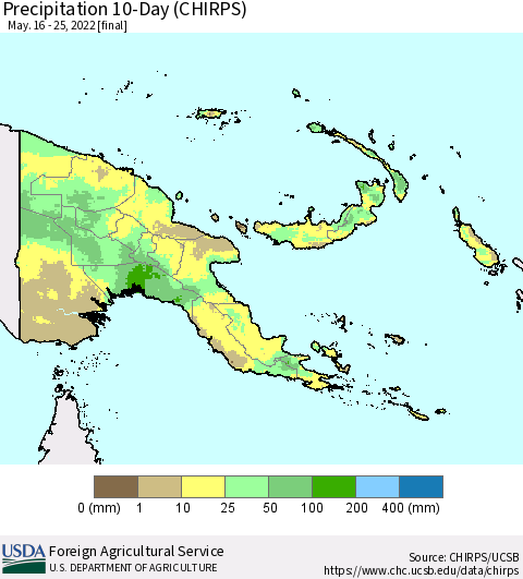 Papua New Guinea Precipitation 10-Day (CHIRPS) Thematic Map For 5/16/2022 - 5/25/2022