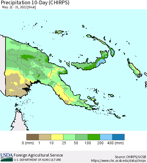 Papua New Guinea Precipitation 10-Day (CHIRPS) Thematic Map For 5/21/2022 - 5/31/2022