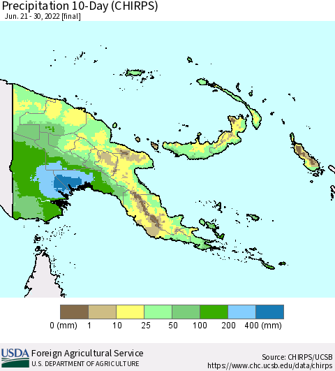 Papua New Guinea Precipitation 10-Day (CHIRPS) Thematic Map For 6/21/2022 - 6/30/2022