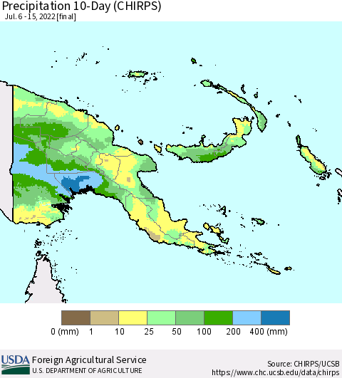 Papua New Guinea Precipitation 10-Day (CHIRPS) Thematic Map For 7/6/2022 - 7/15/2022