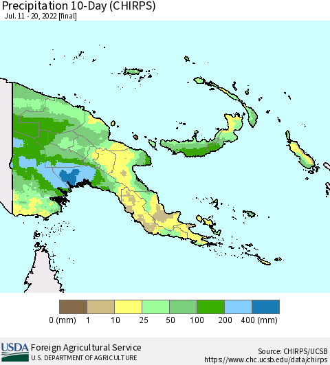 Papua New Guinea Precipitation 10-Day (CHIRPS) Thematic Map For 7/11/2022 - 7/20/2022