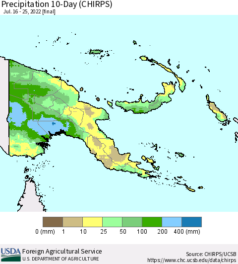 Papua New Guinea Precipitation 10-Day (CHIRPS) Thematic Map For 7/16/2022 - 7/25/2022
