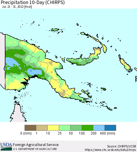 Papua New Guinea Precipitation 10-Day (CHIRPS) Thematic Map For 7/21/2022 - 7/31/2022