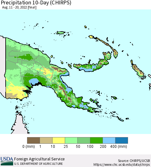 Papua New Guinea Precipitation 10-Day (CHIRPS) Thematic Map For 8/11/2022 - 8/20/2022
