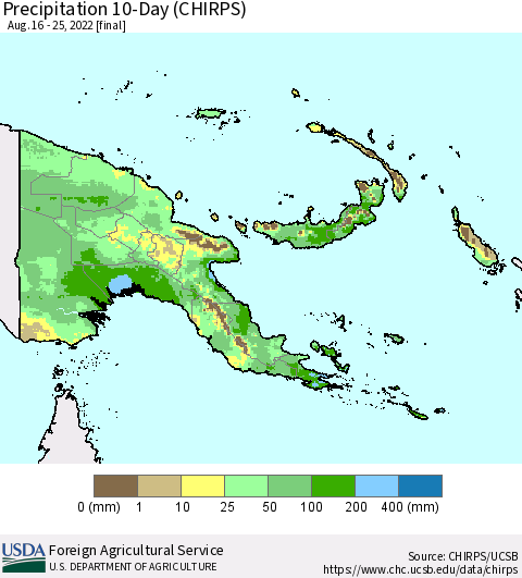 Papua New Guinea Precipitation 10-Day (CHIRPS) Thematic Map For 8/16/2022 - 8/25/2022