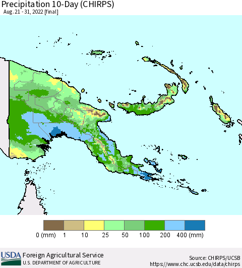 Papua New Guinea Precipitation 10-Day (CHIRPS) Thematic Map For 8/21/2022 - 8/31/2022
