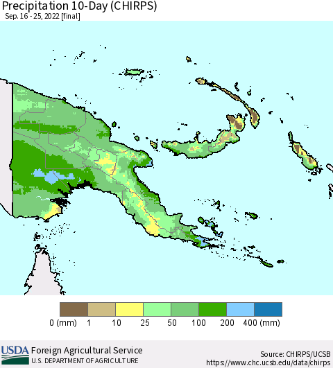 Papua New Guinea Precipitation 10-Day (CHIRPS) Thematic Map For 9/16/2022 - 9/25/2022