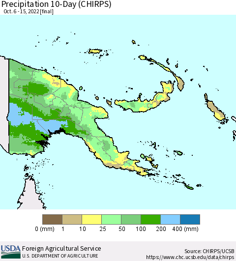 Papua New Guinea Precipitation 10-Day (CHIRPS) Thematic Map For 10/6/2022 - 10/15/2022