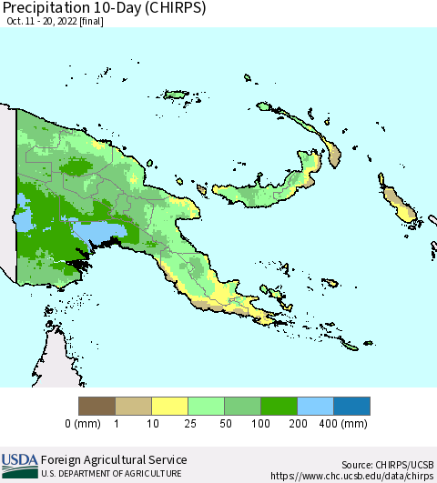 Papua New Guinea Precipitation 10-Day (CHIRPS) Thematic Map For 10/11/2022 - 10/20/2022