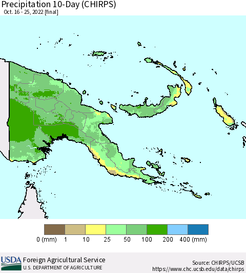Papua New Guinea Precipitation 10-Day (CHIRPS) Thematic Map For 10/16/2022 - 10/25/2022