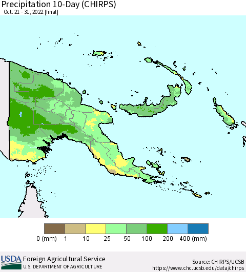 Papua New Guinea Precipitation 10-Day (CHIRPS) Thematic Map For 10/21/2022 - 10/31/2022